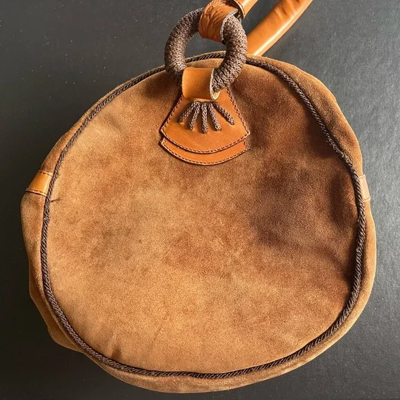 IL Punto Rossi Suede Leather Circle Round Handbag Purse Brown - Picture 2 of 10
